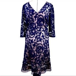 Adrianna Papell Navy Blue Illusion Lace Cropped Sleeve Midi Party Dress Size 20